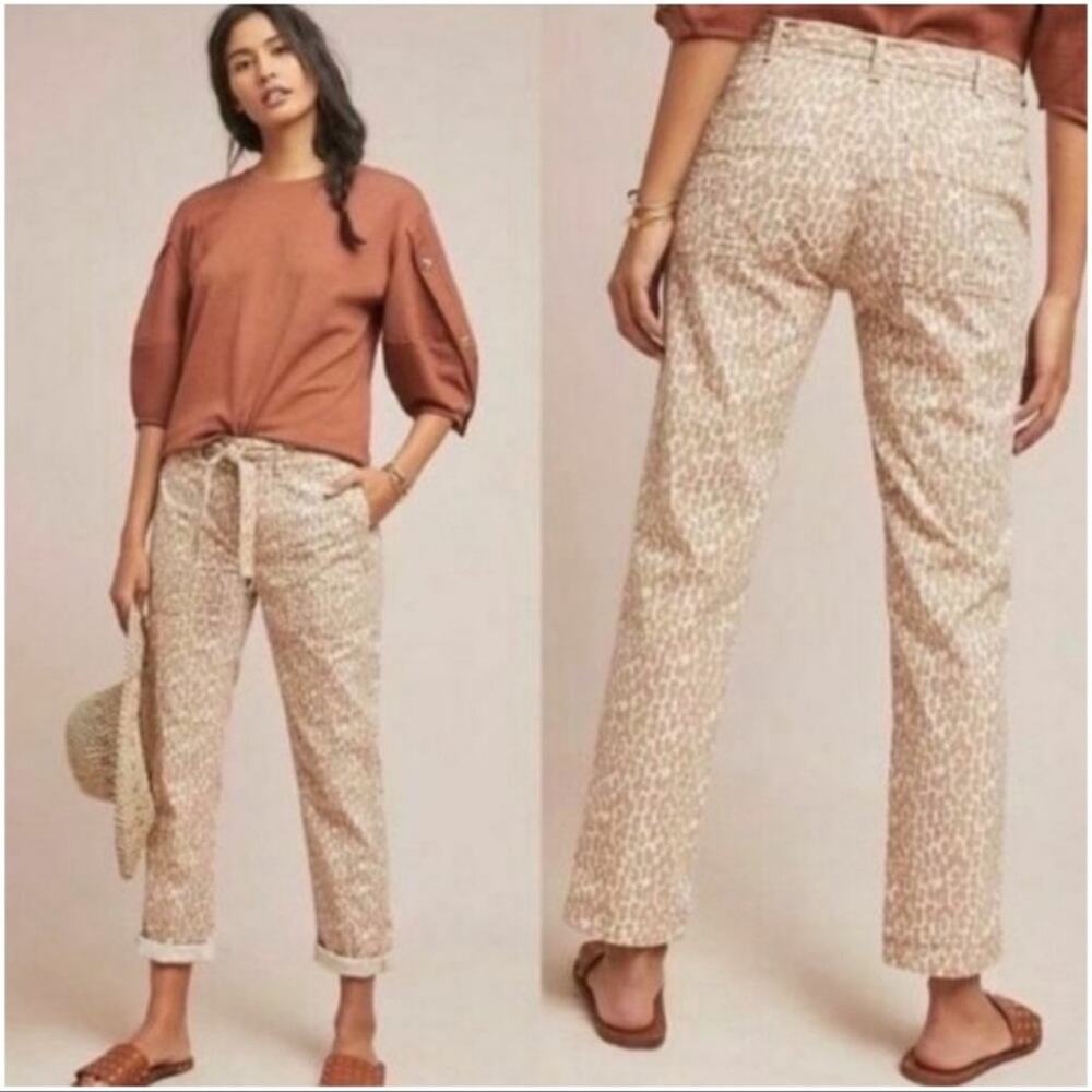 by Anthropologie The Wanderer Animal Print Pants Belted Straight Leg Tan 32
